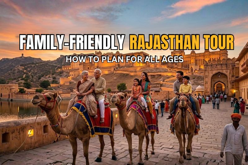 Family riding camels at sunset near Amer Fort in Rajasthan during a family-friendly tour, with adults and children enjoying the scenic historic surroundings.