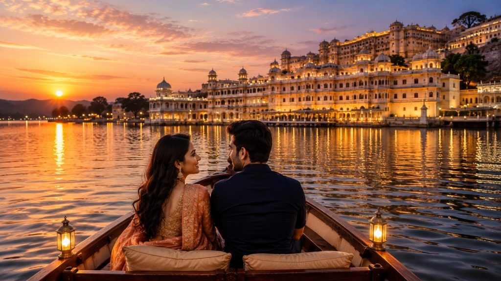 Couple enjoying a romantic boat ride on Lake Pichola with Udaipur City Palace during a winter evening in Rajasthan