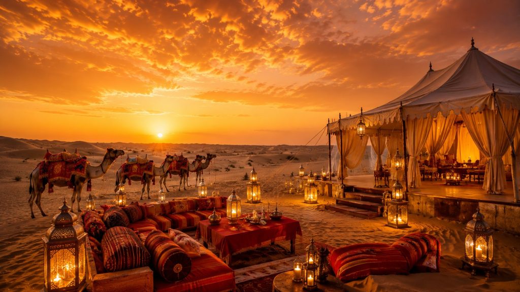 Luxury desert camp in Jaisalmer with camel caravan, glowing lanterns, and golden sand dunes during a winter sunset.