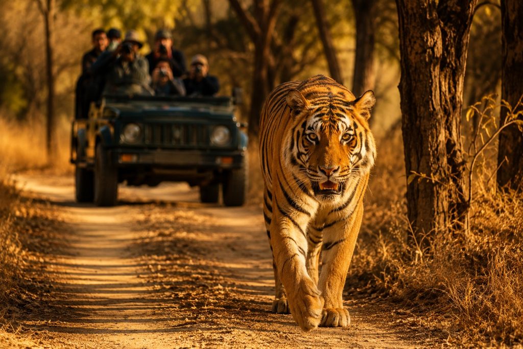 Royal Bengal Tiger walking through Ranthambore National Park with a safari jeep in the background during golden hour
