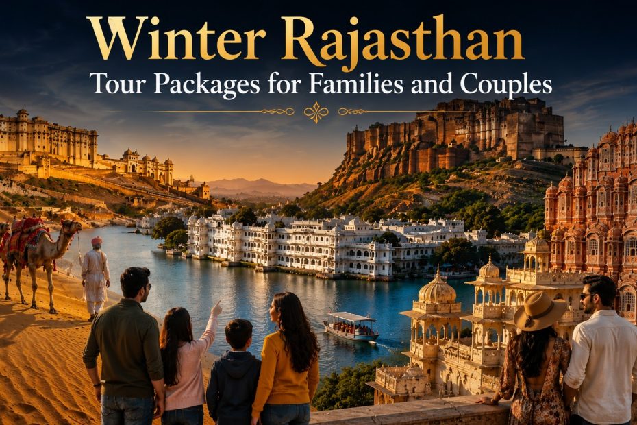 Winter Rajasthan Tour Packages for Families and Couples featuring Udaipur City Palace, Amber Fort, Hawa Mahal, Jaisalmer sand dunes, and travellers exploring Rajasthan