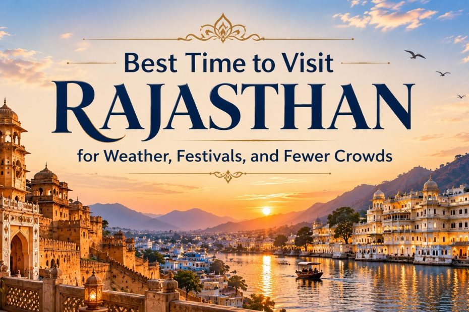 A vibrant travel collage showcasing the best time to visit Rajasthan, featuring historic forts, desert safaris, and cultural festivals.